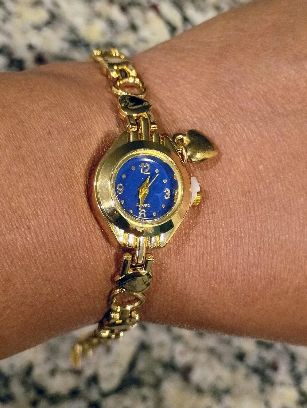 New Gold-Tone Women's Heart Link Watch with Blue Dial